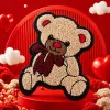 Beige teddy bear embroidered patchwork with red bow and red nose tip decoration DIY handmade fabric accessories Specification image